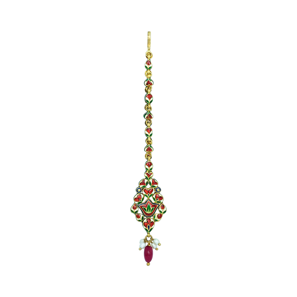 Red Enamel Polki Mangtikka with a Drop and Pearls